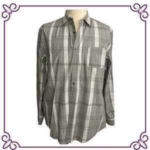AXIST Slim Fit Long Sleeve Gray & White Plaid Cotton Shirt  Large